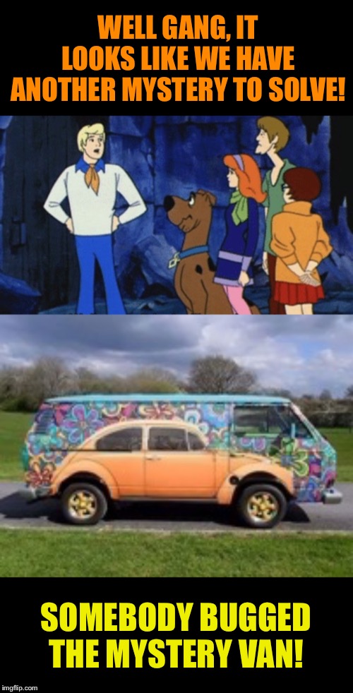Ruh, roh, Raggy! | WELL GANG, IT LOOKS LIKE WE HAVE ANOTHER MYSTERY TO SOLVE! SOMEBODY BUGGED THE MYSTERY VAN! | image tagged in scooby doo,mystery,van,bug,cartoon,memes | made w/ Imgflip meme maker