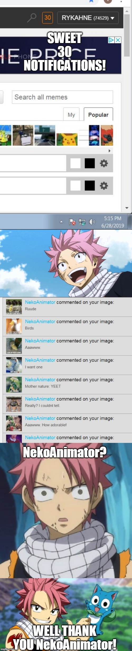 30! | SWEET 30 NOTIFICATIONS! NekoAnimator? WELL THANK YOU NekoAnimator! | image tagged in anime,notifications,fun,natsu fairytail | made w/ Imgflip meme maker