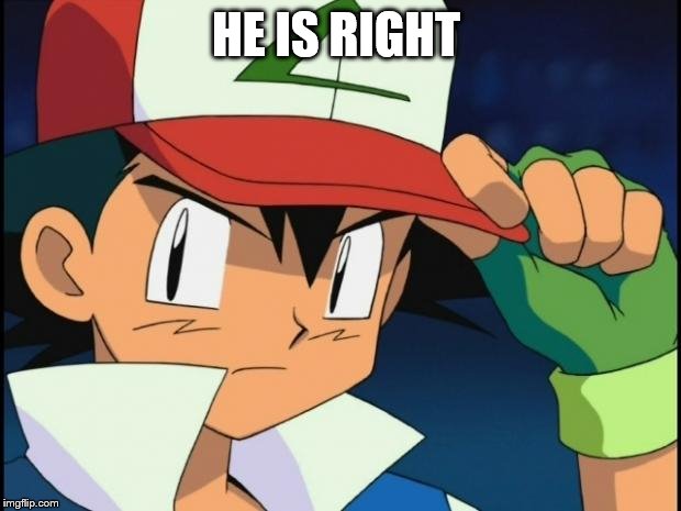 Ash catchem all pokemon | HE IS RIGHT | image tagged in ash catchem all pokemon | made w/ Imgflip meme maker