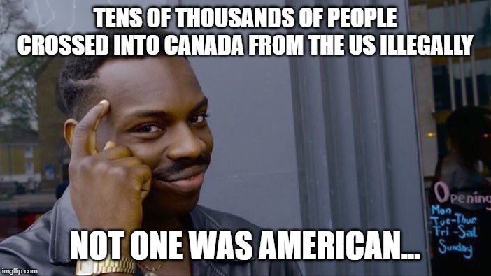 If you think about it... | TENS OF THOUSANDS OF PEOPLE CROSSED INTO CANADA FROM THE US ILLEGALLY NOT ONE WAS AMERICAN... | image tagged in illegal immigration,meanwhile in canada,justin trudeau,trudeau,build the wall,border wall | made w/ Imgflip meme maker