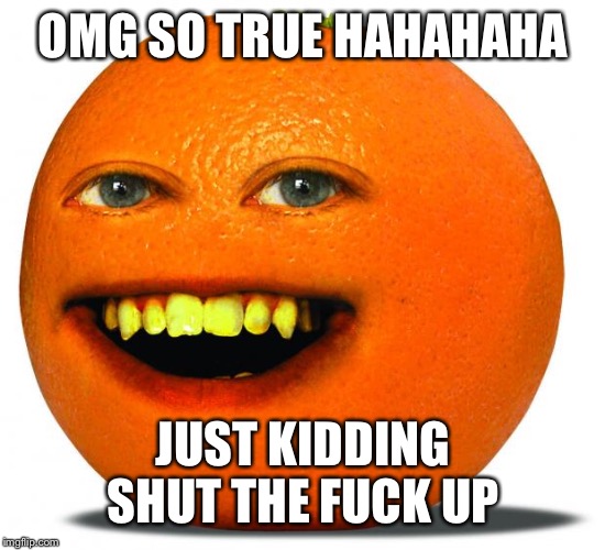 Annoying Orange | OMG SO TRUE HAHAHAHA; JUST KIDDING SHUT THE FUCK UP | image tagged in annoying orange | made w/ Imgflip meme maker