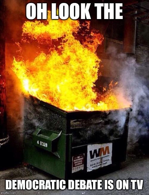 Dumpster Fire | OH LOOK THE; DEMOCRATIC DEBATE IS ON TV | image tagged in dumpster fire,political meme,democratic party,democrat debate | made w/ Imgflip meme maker