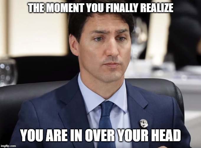 What would a substitute drama teacher do | THE MOMENT YOU FINALLY REALIZE; YOU ARE IN OVER YOUR HEAD | image tagged in trudeau,justin trudeau,idiot,meanwhile in canada,stupid liberals,special kind of stupid | made w/ Imgflip meme maker