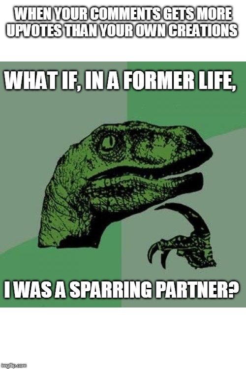 Doubts inside | WHEN YOUR COMMENTS GETS MORE UPVOTES THAN YOUR OWN CREATIONS; WHAT IF, IN A FORMER LIFE, I WAS A SPARRING PARTNER? | image tagged in memes,philosoraptor,life,funny,imgflip users | made w/ Imgflip meme maker
