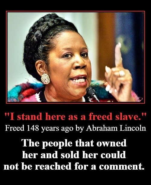 Freed Slave: Sheila Jackson Lee | The people that owned her and sold her could not be reached for a comment. | image tagged in sheila jackson lee,freed slave,slavery,liberal logic,liberal hypocrite,the racism doesn't exist racist | made w/ Imgflip meme maker