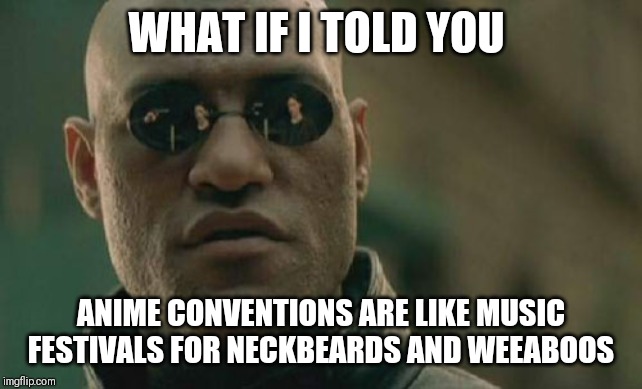 Since it's festival season | WHAT IF I TOLD YOU; ANIME CONVENTIONS ARE LIKE MUSIC FESTIVALS FOR NECKBEARDS AND WEEABOOS | image tagged in memes,matrix morpheus | made w/ Imgflip meme maker
