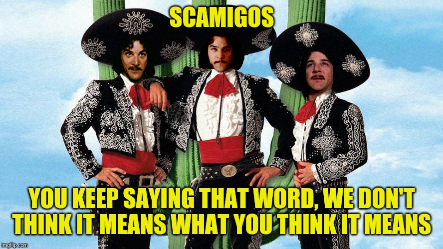 SCAMIGOS YOU KEEP SAYING THAT WORD, WE DON'T THINK IT MEANS WHAT YOU THINK IT MEANS | made w/ Imgflip meme maker