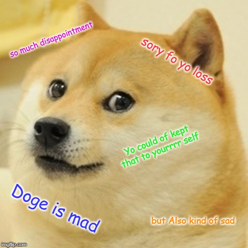 Doge Meme | so much disappointment; sory fo yo loss; Yo could of kept that to yourrrr self; Doge is mad; but Also kind of sad | image tagged in memes,doge | made w/ Imgflip meme maker