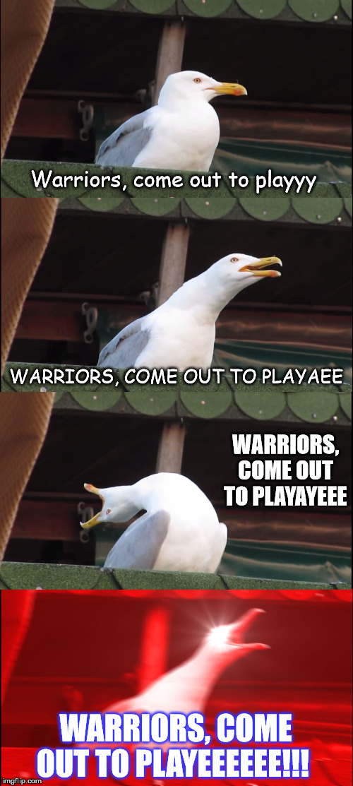 Inhaling Seagull | Warriors, come out to playyy; WARRIORS, COME OUT TO PLAYAEE; WARRIORS, COME OUT TO PLAYAYEEE; WARRIORS, COME OUT TO PLAYEEEEEE!!! | image tagged in memes,inhaling seagull,the warriors | made w/ Imgflip meme maker