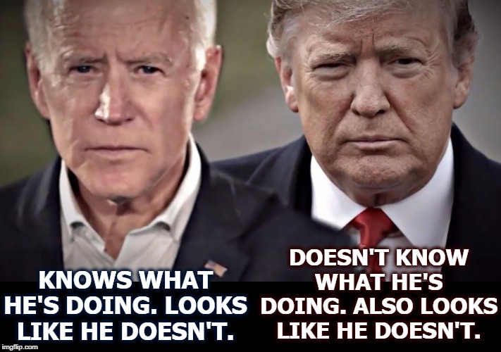 DOESN'T KNOW WHAT HE'S DOING. ALSO LOOKS LIKE HE DOESN'T. KNOWS WHAT HE'S DOING. LOOKS LIKE HE DOESN'T. | image tagged in biden,trump | made w/ Imgflip meme maker