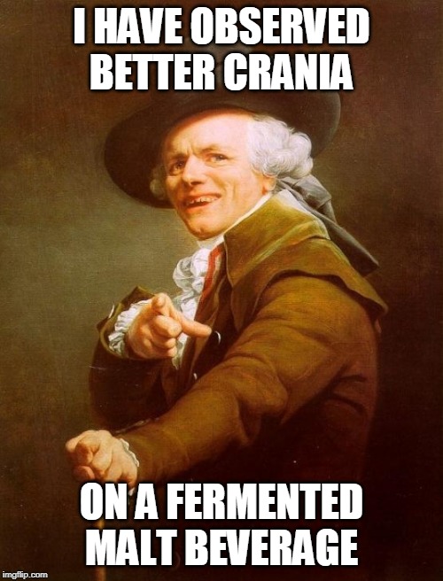 Joseph Ducreux | I HAVE OBSERVED BETTER CRANIA; ON A FERMENTED MALT BEVERAGE | image tagged in memes,joseph ducreux | made w/ Imgflip meme maker