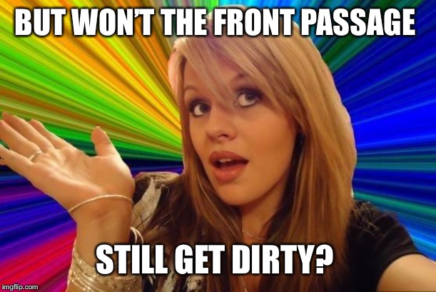 Dumb Blonde Meme | BUT WON’T THE FRONT PASSAGE STILL GET DIRTY? | image tagged in memes,dumb blonde | made w/ Imgflip meme maker