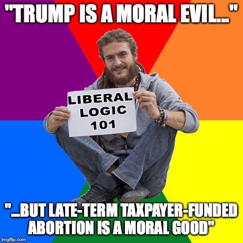 Logic...or lack thereof | "TRUMP IS A MORAL EVIL..."; "...BUT LATE-TERM TAXPAYER-FUNDED ABORTION IS A MORAL GOOD" | image tagged in liberal logic 101,memes,liberals,politics,liberal logic,donald trump | made w/ Imgflip meme maker