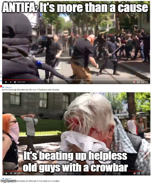 Antifa is more than a cause | ANTIFA: It's more than a cause It's beating up helpless old guys with a crowbar | image tagged in antifa,kkk | made w/ Imgflip meme maker