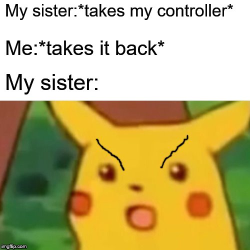 Surprised Pikachu | My sister:*takes my controller*; Me:*takes it back*; My sister: | image tagged in memes,surprised pikachu | made w/ Imgflip meme maker