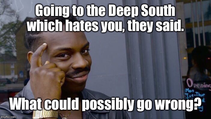 Roll Safe Think About It Meme | Going to the Deep South which hates you, they said. What could possibly go wrong? | image tagged in memes,roll safe think about it | made w/ Imgflip meme maker