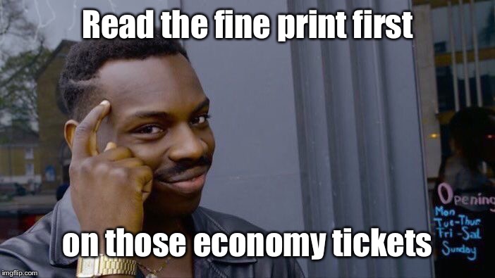 Roll Safe Think About It Meme | Read the fine print first on those economy tickets | image tagged in memes,roll safe think about it | made w/ Imgflip meme maker