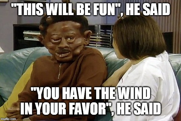 Martin Lawrence Allergic Head | "THIS WILL BE FUN", HE SAID "YOU HAVE THE WIND IN YOUR FAVOR", HE SAID | image tagged in martin lawrence allergic head | made w/ Imgflip meme maker