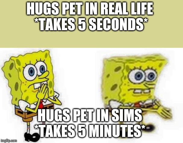 Reality Fails You | HUGS PET IN REAL LIFE 
*TAKES 5 SECONDS*; HUGS PET IN SIMS
*TAKES 5 MINUTES* | image tagged in spongebob inhale boi | made w/ Imgflip meme maker