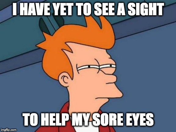 Futurama Fry | I HAVE YET TO SEE A SIGHT; TO HELP MY SORE EYES | image tagged in memes,futurama fry | made w/ Imgflip meme maker