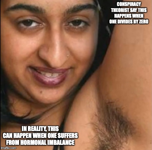 Woman With Armpit Hair | CONSPIRACY THEORIST SAY THIS HAPPENS WHEN ONE DIVIDES BY ZERO; IN REALITY, THIS CAN HAPPEN WHEN ONE SUFFERS FROM HORMONAL IMBALANCE | image tagged in armpit hair,memes,divide by zero,woman | made w/ Imgflip meme maker