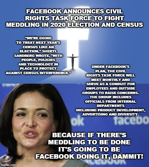 Facebook To The Rescue | "WE'RE GOING TO TREAT NEXT YEAR'S CENSUS LIKE AN ELECTION," SHERYL SANDBERG WROTE, "WITH PEOPLE, POLICIES AND TECHNOLOGY IN PLACE TO PROTECT AGAINST CENSUS INTERFERENCE."; FACEBOOK ANNOUNCES CIVIL RIGHTS TASK FORCE TO FIGHT MEDDLING IN 2020 ELECTION AND CENSUS; UNDER FACEBOOK'S PLAN, THE CIVIL RIGHTS TASK FORCE WILL MEET MONTHLY AND SERVE AS A CONDUIT FOR EMPLOYEES AND OUTSIDE GROUPS TO RAISE CONCERNS. THE GROUP INCLUDES OFFICIALS FROM INTERNAL DEPARTMENTS INCLUDING PRODUCT DEVELOPMENT, ADVERTISING AND DIVERSITY. BECAUSE IF THERE'S MEDDLING TO BE DONE IT'S GOING TO BE FACEBOOK DOING IT, DAMMIT! | image tagged in politics,facebook,election interference | made w/ Imgflip meme maker