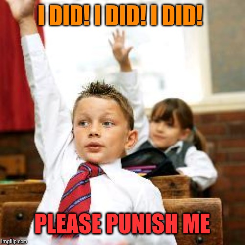 School Kid Pick Me | I DID! I DID! I DID! PLEASE PUNISH ME | image tagged in school kid pick me | made w/ Imgflip meme maker