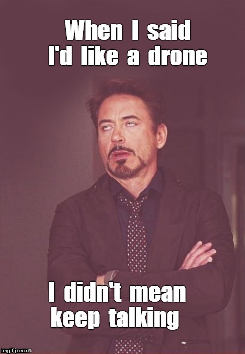 Yeah ... NOT WHAT I MEANT !!! | When I said I'd like a drone; I didn't mean keep talking | image tagged in robert downey jr rolling eyes,funny memes,rick75230,drones | made w/ Imgflip meme maker