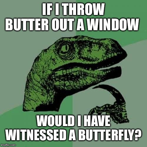 Philosoraptor Meme | IF I THROW BUTTER OUT A WINDOW; WOULD I HAVE WITNESSED A BUTTERFLY? | image tagged in memes,philosoraptor | made w/ Imgflip meme maker