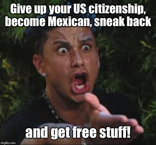 DJ Pauly D Meme | Give up your US citizenship, become Mexican, sneak back and get free stuff! | image tagged in memes,dj pauly d | made w/ Imgflip meme maker