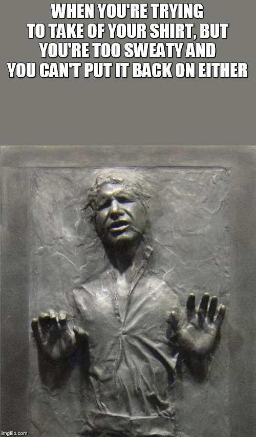 Han Solo Frozen Carbonite | WHEN YOU'RE TRYING TO TAKE OF YOUR SHIRT, BUT YOU'RE TOO SWEATY AND YOU CAN'T PUT IT BACK ON EITHER | image tagged in han solo frozen carbonite | made w/ Imgflip meme maker