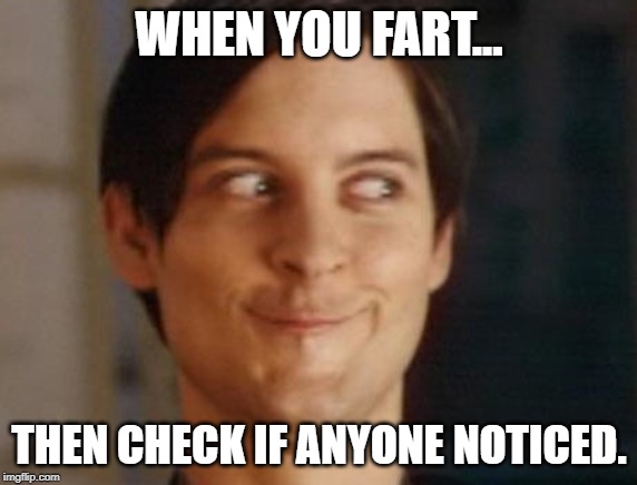 Spiderman Peter Parker Meme | WHEN YOU FART... THEN CHECK IF ANYONE NOTICED. | image tagged in memes,spiderman peter parker | made w/ Imgflip meme maker