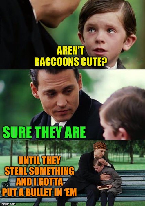 Finding Neverland Meme | AREN’T RACCOONS CUTE? SURE THEY ARE UNTIL THEY STEAL SOMETHING AND I GOTTA PUT A BULLET IN ‘EM | image tagged in memes,finding neverland | made w/ Imgflip meme maker
