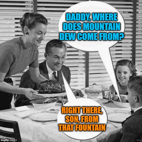 Vintage Family Dinner | DADDY, WHERE DOES MOUNTAIN DEW COME FROM? RIGHT THERE, SON, FROM THAT FOUNTAIN | image tagged in vintage family dinner | made w/ Imgflip meme maker