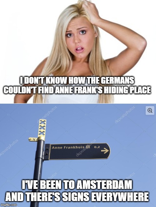 mystery | I DON'T KNOW HOW THE GERMANS COULDN'T FIND ANNE FRANK'S HIDING PLACE; I'VE BEEN TO AMSTERDAM AND THERE'S SIGNS EVERYWHERE | image tagged in dumb blonde,anne frank,hiding | made w/ Imgflip meme maker