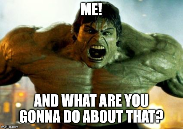 hulk | ME! AND WHAT ARE YOU GONNA DO ABOUT THAT? | image tagged in hulk | made w/ Imgflip meme maker