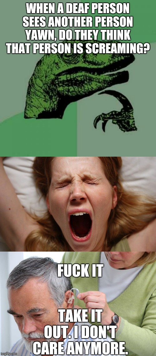 Deaf? | WHEN A DEAF PERSON SEES ANOTHER PERSON YAWN, DO THEY THINK THAT PERSON IS SCREAMING? FUCK IT; TAKE IT OUT. I DON'T CARE ANYMORE. | image tagged in memes,philosoraptor,deaf | made w/ Imgflip meme maker