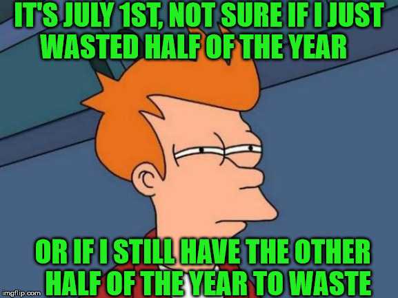 The Year is in Halftime | IT'S JULY 1ST, NOT SURE IF I JUST        WASTED HALF OF THE YEAR; OR IF I STILL HAVE THE OTHER       HALF OF THE YEAR TO WASTE | image tagged in memes,futurama fry,halftime,what year is it,waste of time,first world problems | made w/ Imgflip meme maker