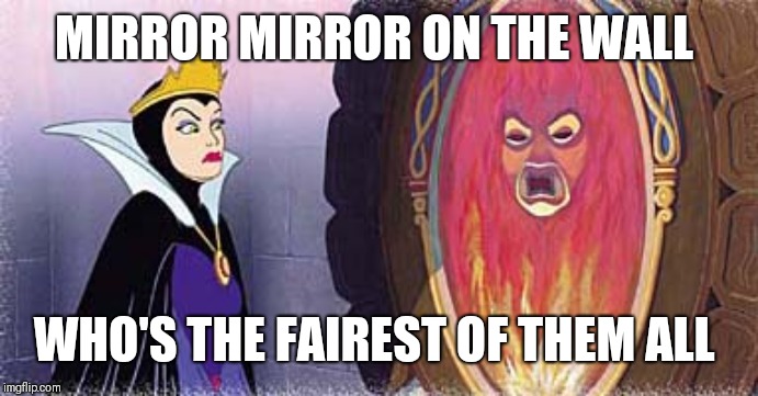 mirror mirror | MIRROR MIRROR ON THE WALL WHO'S THE FAIREST OF THEM ALL | image tagged in mirror mirror | made w/ Imgflip meme maker