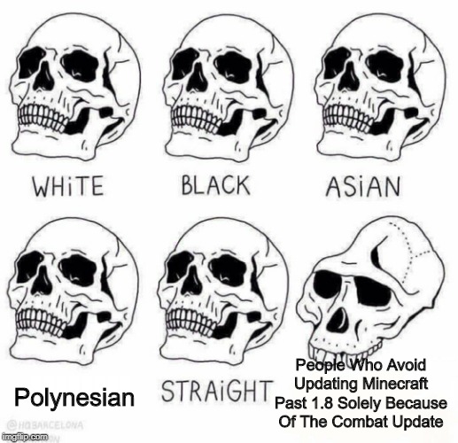Seriously, Elytra, Raids, A Fixed Ender Dragon, Fixed Boats, Expanded End, They Are Missing Out On So Much! | People Who Avoid Updating Minecraft Past 1.8 Solely Because Of The Combat Update; Polynesian; IIIIIIII | image tagged in retarded caveman skulls,memes,minecraft | made w/ Imgflip meme maker