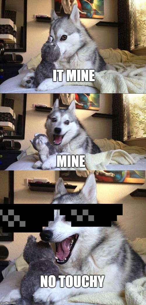 Bad Pun Dog | IT MINE; MINE; NO TOUCHY | image tagged in memes,bad pun dog | made w/ Imgflip meme maker