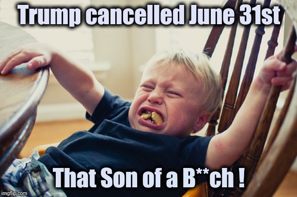 Your TDS is affecting the children | Trump cancelled June 31st; That Son of a B**ch ! | image tagged in toddler tantrum,trump derangement syndrome,fatality,disease,mercy | made w/ Imgflip meme maker
