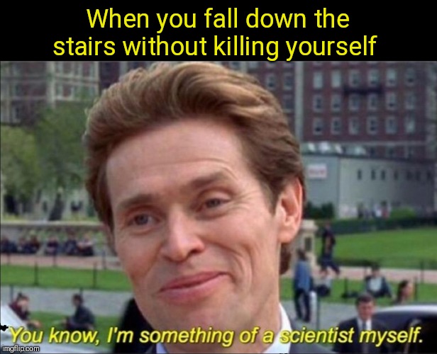 You know, I'm something of a scientist myself | When you fall down the stairs without killing yourself | image tagged in you know i'm something of a scientist myself | made w/ Imgflip meme maker