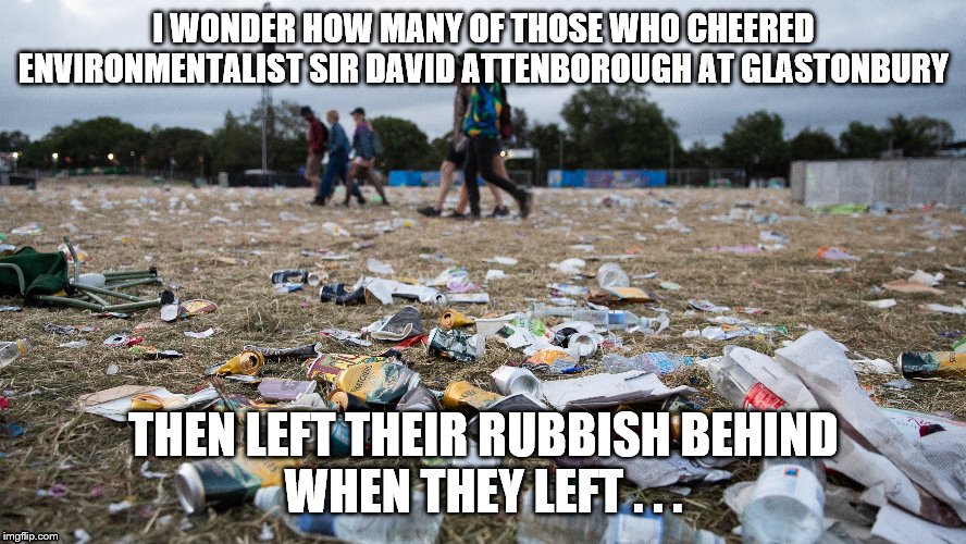 attenborough | I WONDER HOW MANY OF THOSE WHO CHEERED ENVIRONMENTALIST SIR DAVID ATTENBOROUGH AT GLASTONBURY; THEN LEFT THEIR RUBBISH BEHIND
WHEN THEY LEFT . . . | image tagged in glastonbury | made w/ Imgflip meme maker