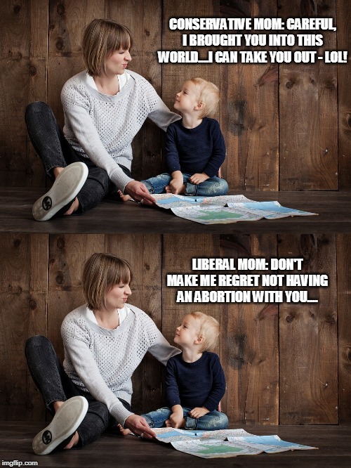 Conservative vs. Liberal | CONSERVATIVE MOM: CAREFUL, I BROUGHT YOU INTO THIS WORLD....I CAN TAKE YOU OUT - LOL! LIBERAL MOM: DON'T MAKE ME REGRET NOT HAVING AN ABORTION WITH YOU.... | image tagged in political correctness | made w/ Imgflip meme maker