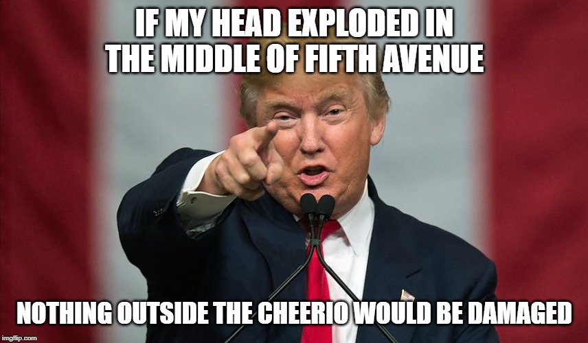 Donald Trump Birthday | IF MY HEAD EXPLODED IN THE MIDDLE OF FIFTH AVENUE; NOTHING OUTSIDE THE CHEERIO WOULD BE DAMAGED | image tagged in donald trump birthday | made w/ Imgflip meme maker