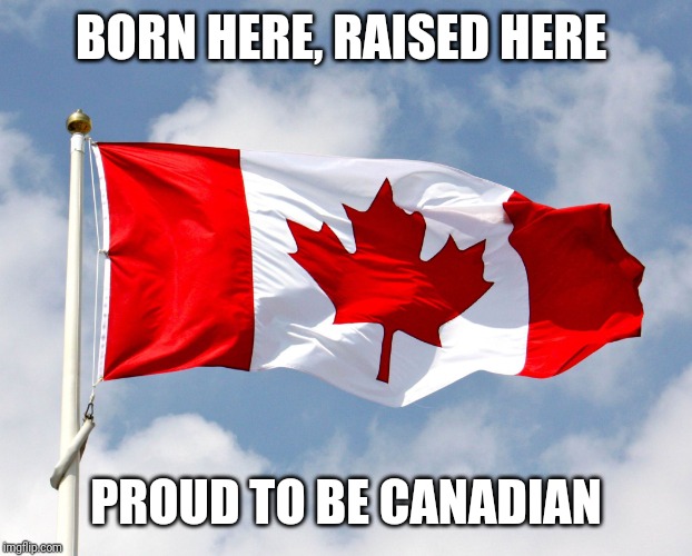 canadian flag | BORN HERE, RAISED HERE; PROUD TO BE CANADIAN | image tagged in canadian flag | made w/ Imgflip meme maker