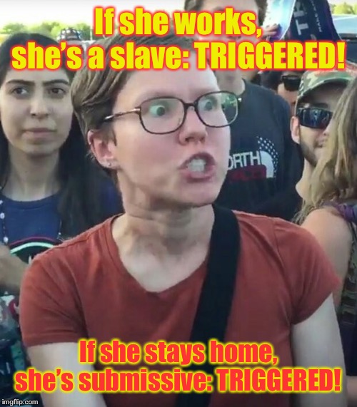 super_triggered | If she works, she’s a slave: TRIGGERED! If she stays home, she’s submissive: TRIGGERED! | image tagged in super_triggered | made w/ Imgflip meme maker