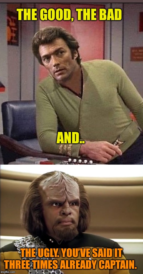 THE GOOD, THE BAD AND.. THE UGLY. YOU’VE SAID IT THREE TIMES ALREADY CAPTAIN. | image tagged in klingon | made w/ Imgflip meme maker