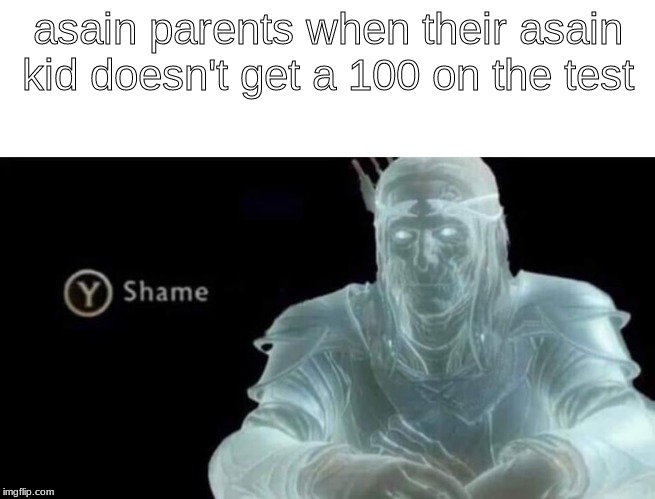 Asian Families | asain parents when their asain kid doesn't get a 100 on the test | image tagged in shame,funny | made w/ Imgflip meme maker